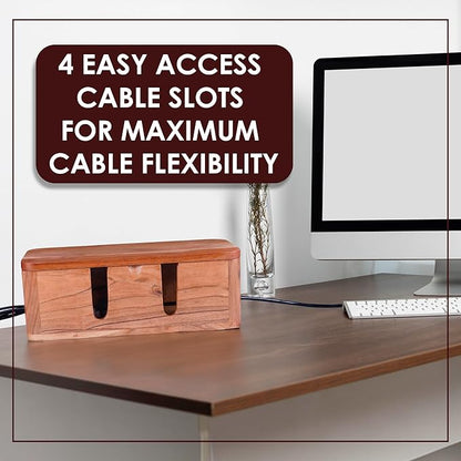 Cable Management Box & Cord Organizer- Cable Organizer for Desk, Home, Office. Hides Wires, Surge Protectors, Power Strips. Eco Friendly Mango Wood Cord Management Solution (Natural Acacia)