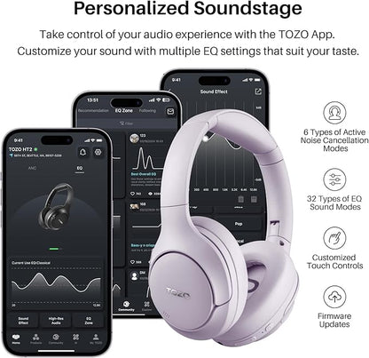 TOZO HT2 Hybrid Active Noise Cancelling Headphones, Wireless Over Ear Bluetooth Headphones, 60H Playtime, Hi-Res Audio Custom EQ via App Deep Bass Comfort Fit Ear Cups, for Home Office Travel Purple