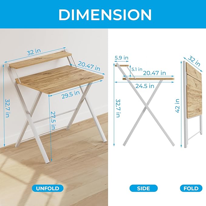 GreenForest Folding Desk No Assembly Required Large Size, 2-Tier Foldable Computer Desk with Shelf for Home Office, Space Saving Portable Laptop Study Foldable Table for Bedroom, Oak