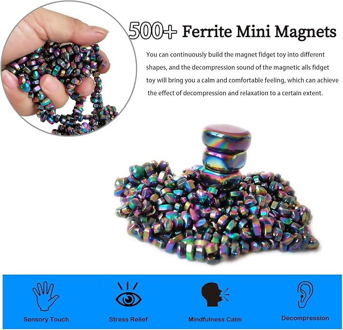 Mini Magnetic Balls, Over 500 Ferrite Mini Magnets, Fidget Magnetic Ball Toy for Adults, Relieve Anxiety and Stress, Magnetic Ball Toy for Office Desk, Metal Fidget Magnet Putty Gift (Colorful)