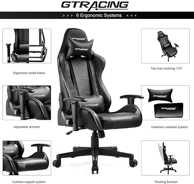 GTRACING Gaming Chair Racing Office Computer Ergonomic Video Game Chair Backrest and Seat Height Adjustable Swivel Recliner with Headrest and Lumbar Pillow Esports Chair,Black