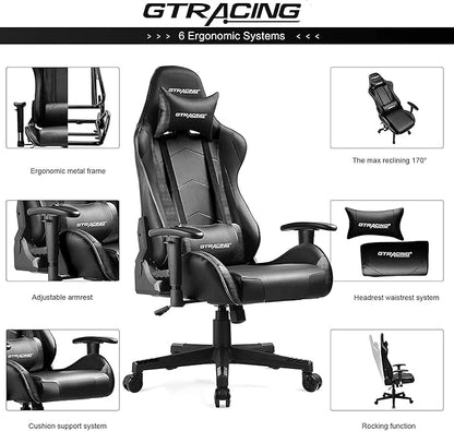 GTRACING Gaming Chair Racing Office Computer Ergonomic Video Game Chair Backrest and Seat Height Adjustable Swivel Recliner with Headrest and Lumbar Pillow Esports Chair,Black