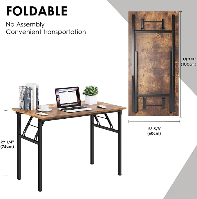 Need Folding Desk for Home Office 39-3/8 inch Length Modern Folding Table Computer Desk No Install Needed Rustic Brown Desktop Black Frame AC5FB(100 * 60)