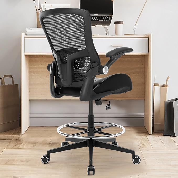 Drafting Chair, Tall Office Chair with Flip-up Armrests, Standing Desk Chair Counter Height Office Chairs with Footrest and Adjustable Lumbar Support Black