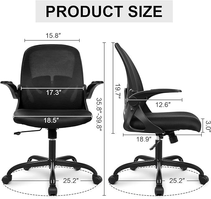 Primy Office Chair Ergonomic Desk Chair with Flip up Armrests Swivel Breathable Desk Mesh Computer Chair with Adjustable Lumbar Support and Height for Conference Room (Black)