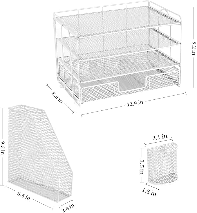 gianotter Paper Letter Tray Organizer with File Holder, 4-Tier Desk Accessories & Workspace Organizers with Drawer and 2 Pen Holder, Desk Organizers and Accessories for Office Supplies (White)