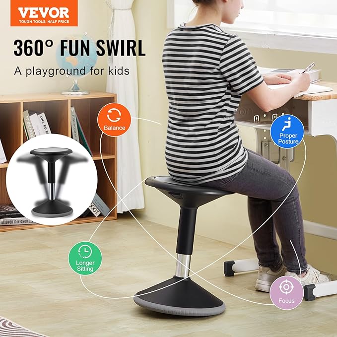 VEVOR Wobble Chair, Height-Adjustable (15.7-21.7") Active Chair, Flexible Seating Wobble Stool Made of PVC+ABS Improves Focus & Posture, Ideal for Schools, Office and Home, Age 12-18, Black