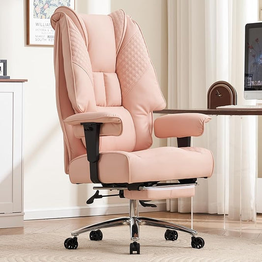 Big and Tall Office Chair 400lbs Wide Seat, Leather High Back Executive Office Chair with Foot Rest, Ergonomic Office Chair Lumbar Support for Lower Back Pain Relief (Light Pink)