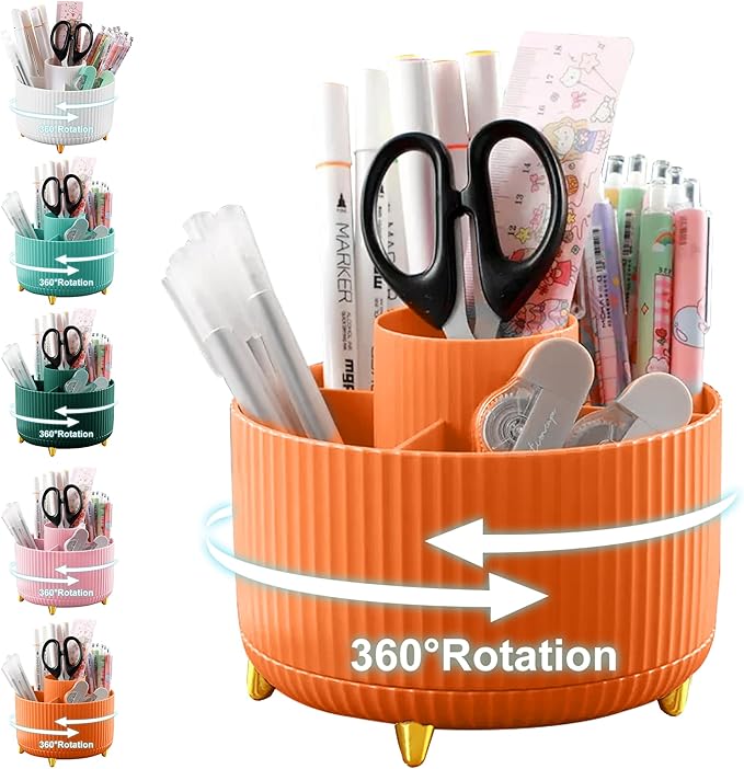 Pencil Holder For Desk,5 Slots 360°Degree Rotating Desk Organizers And Accessories,Desktop Storage Stationery Supplies Organizer, Cute Pencil Cup Pot For Office, School, Home