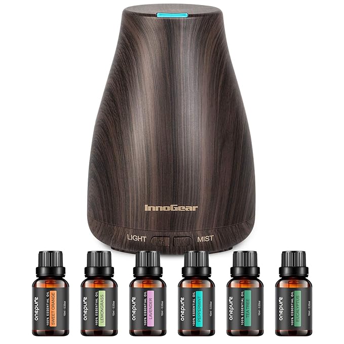 InnoGear Essential Oil Diffuser with Oils, 100ml Aromatherapy Diffuser with 6 Essential Oils Set, Aroma Cool Mist Humidifier Gift Set, Dark Wood Grain