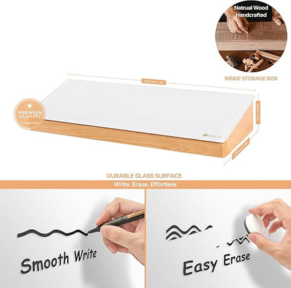 Glass Desktop Whiteboard with Wood Organizer for Small Office Accessories, Aesthetic Desk Dry Erase White Board with Drawer for Home Office Cubicle, Marker & Eraser Included, Yeoux