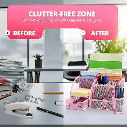 Flexzion Desk Top Caddy Organizer - Pink Office Desk Accessories Organizer and Storage - Metal Mesh Desk with 6 Compartments, Drawer and Pen Holder