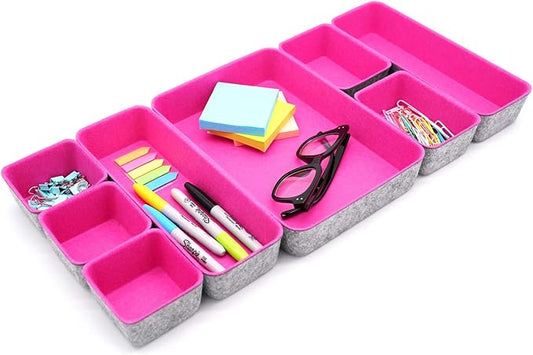 Welaxy desk drawer organizers tray dividers felt storage bin sturdy soft for office suppliers entryway catchall key holder makeup crafts pens decluttering 8-piece gift solution for lover (‎hot pink)