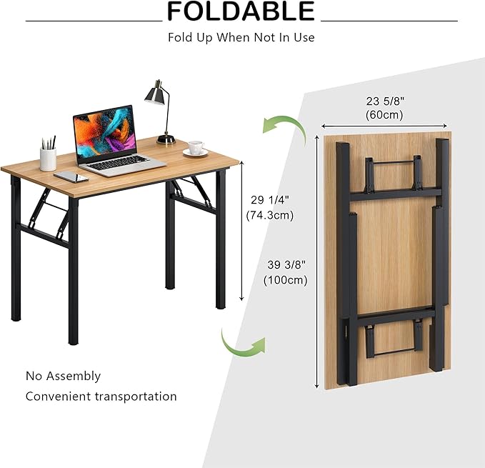 Need Folding Desk for Home Office 39-3/8'' Length Modern Folding Table Computer Desk No Install Needed Teak Color Desktop Black Frame, AC5BB(10060)