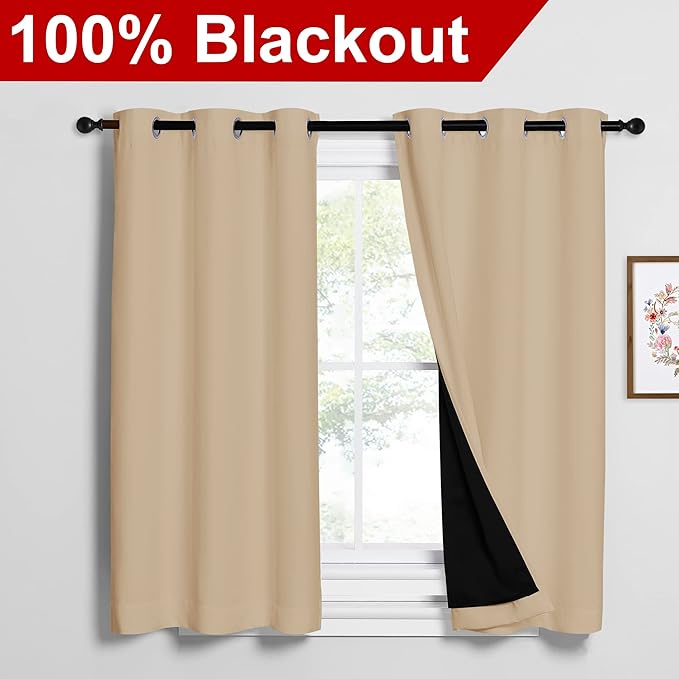 NICETOWN Cold Reducing Curtains, Bedroom Full Blackout Panels, Great Job for Blocking Light, Complete Blackout Draperies with Black Liner for Night Shift (Biscotti Beige, Set of 2, 42 by 54-inch)