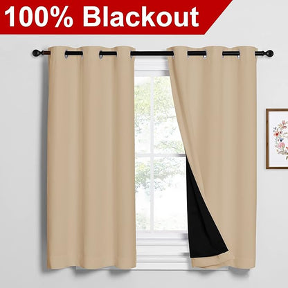 NICETOWN Cold Reducing Curtains, Bedroom Full Blackout Panels, Great Job for Blocking Light, Complete Blackout Draperies with Black Liner for Night Shift (Biscotti Beige, Set of 2, 42 by 54-inch)