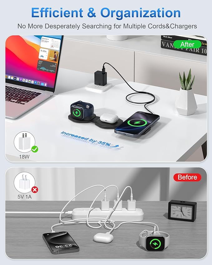 3 in 1 Wireless Charging Station for Apple MagSafe Charger, Foldable Magnetic Travel Charger for Multiple Devices iPhone 16 15 14 13 12 Series Apple Watch AirPods Pro Black