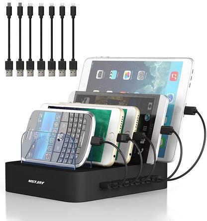 Charging Station for Multiple Devices, MSTJRY USB-A Charging Station Dock Switch Cell Phone 5 Port Charging Station, Designed for iPhone iPad Cell Phone Tablets (Black, 6 Short Cables Included)