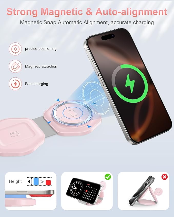 3 in 1 Charging Station for Apple MagSafe Charger, Foldable Magnetic Wireless Travel Charger Multiple Devices, Charging Pad for iPhone 16 15 14 13 12 Pro Max Plus Apple Watch & AirPod