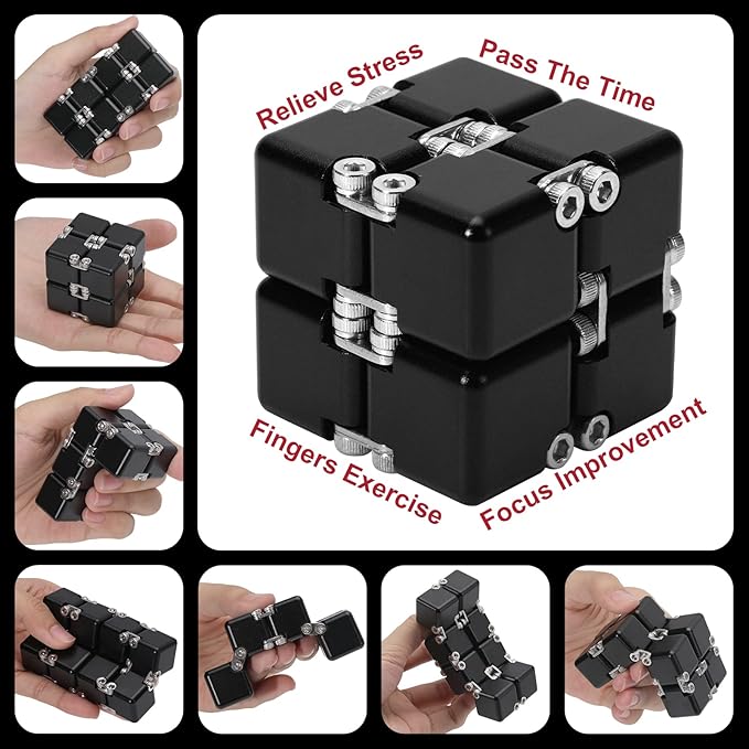 Aluminum Alloy Metal Infinity Cube Fidget Cube (6 Colors) Handheld Fidget Toy Desk Toy with Cool Case Infinity Magic Cube Relieve Stress Anxiety ADHD OCD for Kids and Adults (Black)