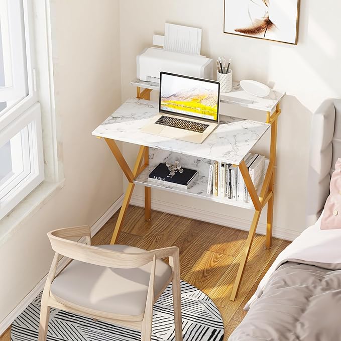 ODK Small Desk, 27.5 Inch Small Computer Desk for Small Spaces, Compact Desk with Storage, Tiny Desk Study Desk with Monitor Stand for Home Office, White Marble + Gold Leg