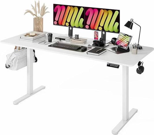 Monomi Electric Standing Desk, 63 x 28 inches Height Adjustable Desk, Ergonomic Home Office Sit Stand Up Desk with Memory Preset Controller (White Top/White Frame)