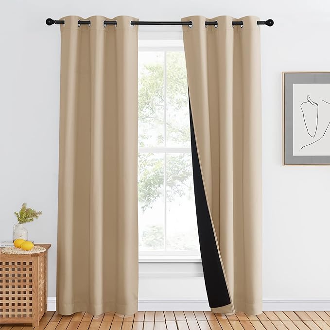 NICETOWN Living Room Completely Shaded Draperies, Biscotti Beige, 1 Piece, W42 x L80, Privacy Protection & Noise Reducing Ring Top Drapes, Black Lined Insulated Window Treatment Curtain Panel