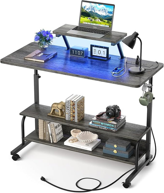 Height Adjustable Standing Desk with Power Outlets and LED Lights - 39" Manual Stand Up Desk with Monitor Stand and Storage Shelves Small Mobile Rolling Computer Desk Portable Laptop Table, Grey Oak