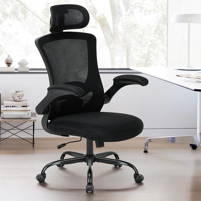 Ergonomic Mesh Office Chair, High Back Executive Desk Chair with Adjustable Headrest and Lumbar Support, Flip-Up Arms, Rocking, Swivel Rolling Computer Mesh Chair for Home Office-All Black