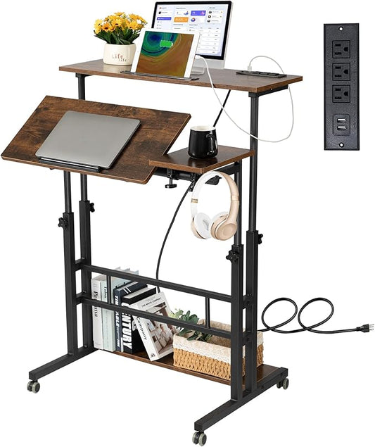 Hadulcet Mobile Standing Desk with Charging Station, Stand Up Laptop Desk Mobile Workstation for Home Office Classroom with Wheels, 31.49 x 23.6 in Rustic Brown