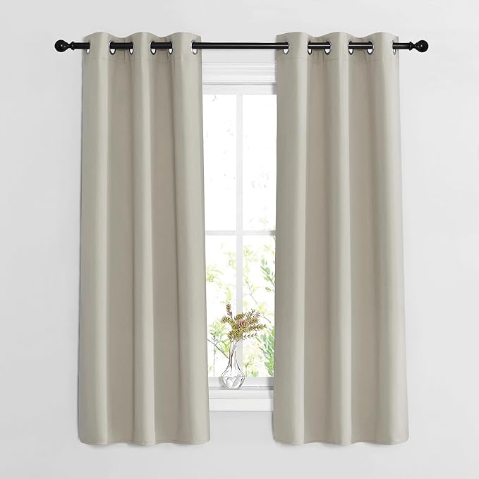 NICETOWN Bedroom Blackout Curtains 63 inches Long - Window Treatment Thermal Insulated Solid Grommet Room Darkening Voice Reducing Drapes for Living Room (Natural, Set of 2, W37 x L63)