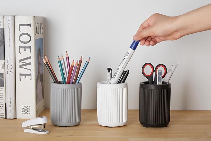 Modern Concrete Pen Holder for Desk - Aesthetic Handmade Fluted Cement Pencil Holder - Cute Striped Pen Cup Organizer - Minimalist Office Decor - Makeup Brush Holder - 1 PC- White