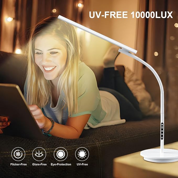 Light Therapy Lamp,10000 Lux Happy Therapy Light, Floor Sun Therapy Lamp with Remote & Touch Control & Adjustable Gooseneck for Reading/Office/Home