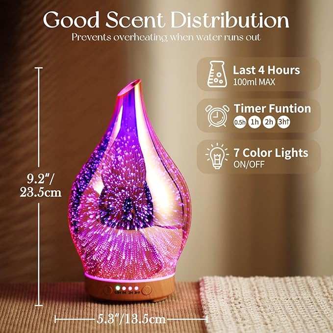 Porseme Essential Oil Diffuser 3D Firework Glass Aromatherapy Ultrasonic Humidifier Rose Gold, Auto Shut-Off, Timer Setting, BPA Free, Aroma Decoration for Home, Office, Gym, Spa, Premium Gift 100ml