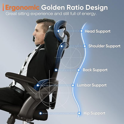 SUNNOW Ergonomic Office Chair, High Back Mesh Desk Chair with Adjustable Lumbar Support, Flip-Up Arms, Headrest, Tilt Function, Rolling Wheel, Comfy Wide Swivel Task Computer Gaming Chairs for Adults