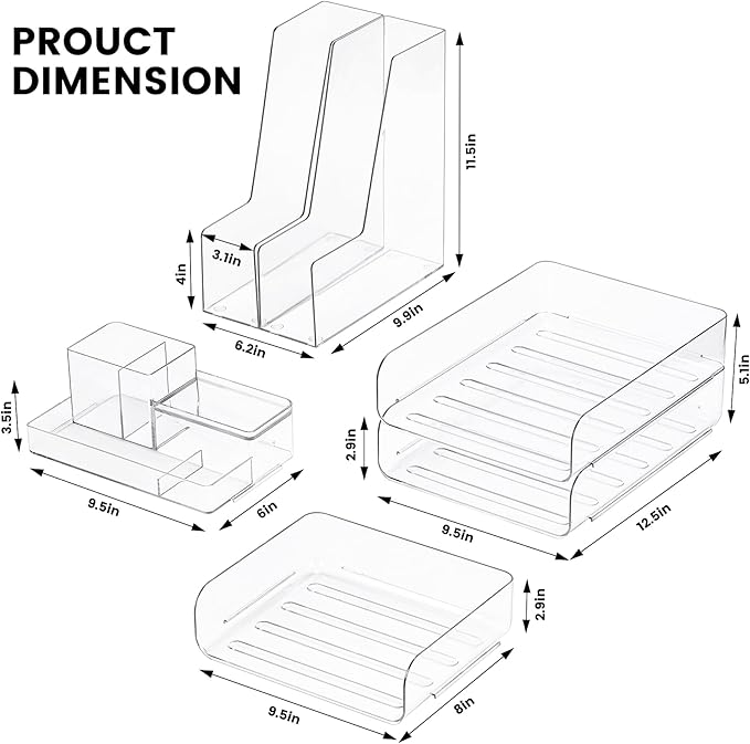 Desk Organizer with 2 Vertical File Holder, 4 Tier Stackable Paper Letter Tray File Organizer with 5-Compartments Pen Holder, Clear Desktop Organizer Office Organization and Storage