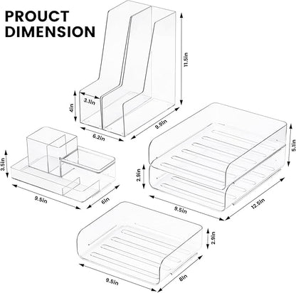 Desk Organizer with 2 Vertical File Holder, 4 Tier Stackable Paper Letter Tray File Organizer with 5-Compartments Pen Holder, Clear Desktop Organizer Office Organization and Storage