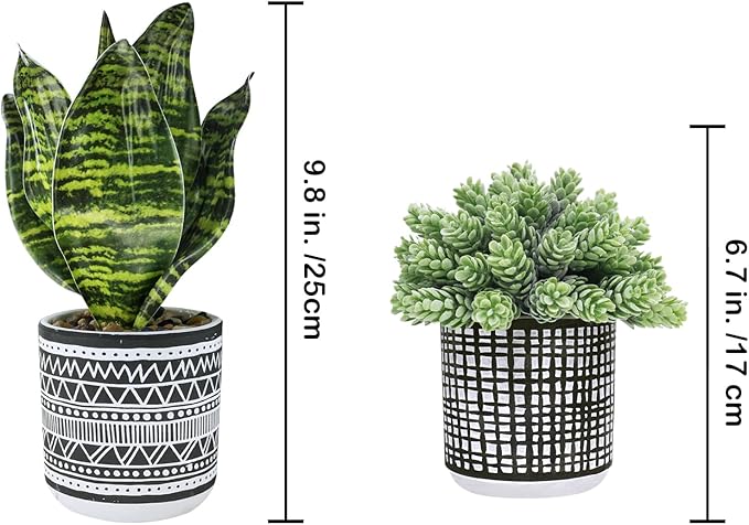 Winlyn 3 Pcs Small Potted Plants Artificial Succulents Hanging Plants and Faux Tropical Snake Plant in Black Geometric Pots for Modern Home Kitchen Windowsill Table Shelf Indoor Outdoor Greenery Decor