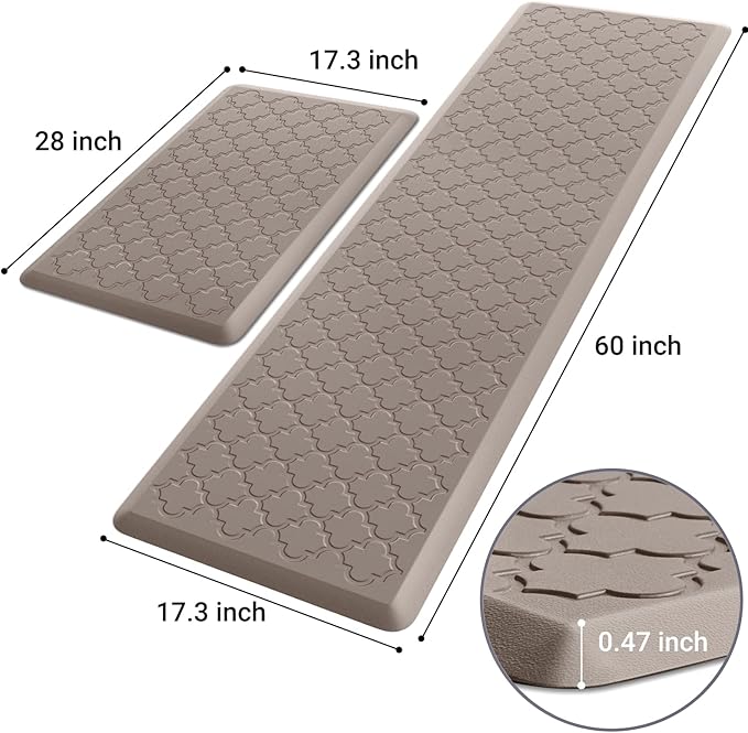 Kitchen Mat [2 PCS] Cushioned Anti-Fatigue Floor Mat, Waterproof Non-Skid Kitchen Mats and Rugs, Ergonomic Comfort Foam Kitchen Rugs, Standing Mat for Floor,Office, Sink(Khaki,17.3"x28"+17.3"x60")