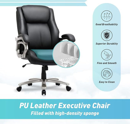 COLAMY Big & Tall Office Chair 400lbs Wide Seat- High Back PU Leather Executive Computer Desk Chair for Heavy People, Large Office Chair with Metal Base & Ergonomic Back Support- Black