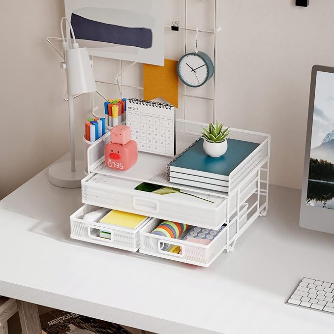 Marbrasse 3 Tier Mesh Desk Organizer with Drawer, Multi-Functional Desk Organizers and Accessories, Paper Letter Organizer with 2 Pen Holder for Home Office Supplies (White)