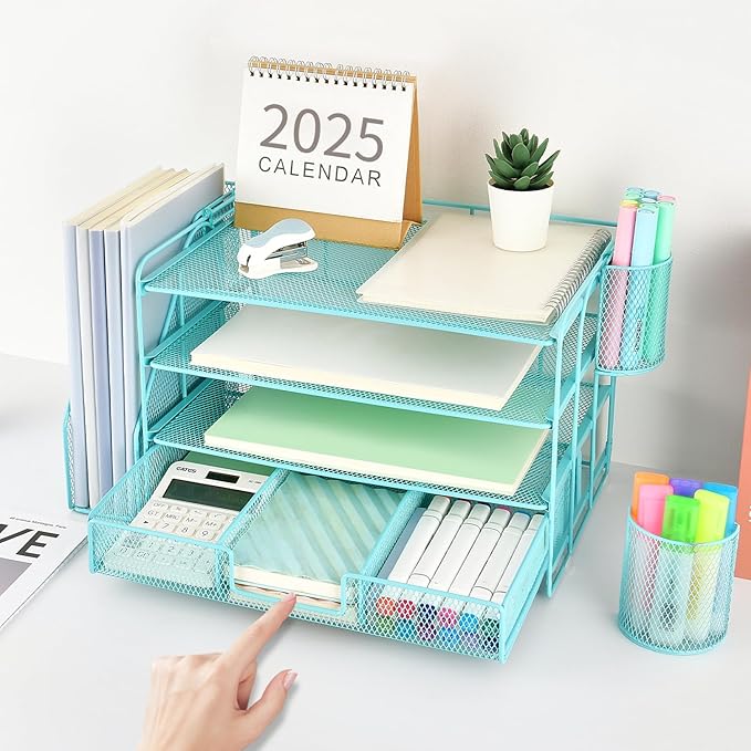 gianotter Paper Letter Tray Organizer with File Holder, 4-Tier Desk Accessories & Workspace Organizers with Drawer and 2 Pen Holder, Desk Organizers and Accessories for Office Supplies (Blue)