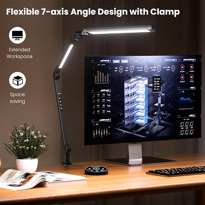 LED Desk Lamp with Clamp, 16W Desk Light for Home Office, Stepless Dimming and Adjustable Color Temperature,Office Lamp with Memory and Timer Function for Study, Work, Home, Office