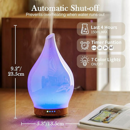 Porseme 150ml Essential Oil Diffuser Glass Color Changing Aroma Air Diffusers Aromatherapy Ultrasonic Cool Mist Humidifier 4 Running Hours Waterless Auto-Off for Sleeping Yoga Office Spa (White Jade)