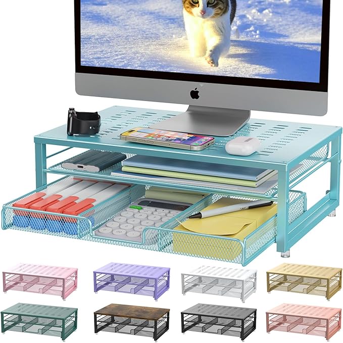 gianotter Computer Monitor Stand Riser, Desk Organizers and Accessories with Drawer, Office Desk Accessories & Workspace Desktop Organizers Storage for Classroom Office Supplies Decor (Blue)