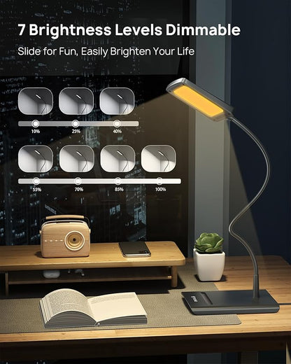 TROND Desk Lamp, Bright Dimmable Eye-Caring Table Lamp, 3 Color Modes 7 Brightness Levels, Flexible Gooseneck, Touch Control, Memory Function, Desk Light for Home Office Dorm Room Essentials