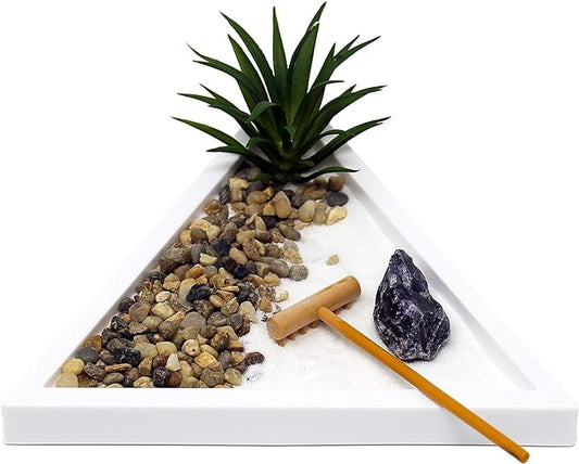 Nature's Mark Mini Zen Garden Kit for Desk with White Sand, Rake, White Base, Salt Rock and Air Plant (Triangle)