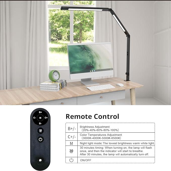 LED Desk Lamp with Clamp, Architect Desk Lamp for Home Office with Remote Control, Swing Arm Clamp on Desk Light, Clip-on Eye-Care Adjustable 5 Brightness Levels Table Light for Working Drafting