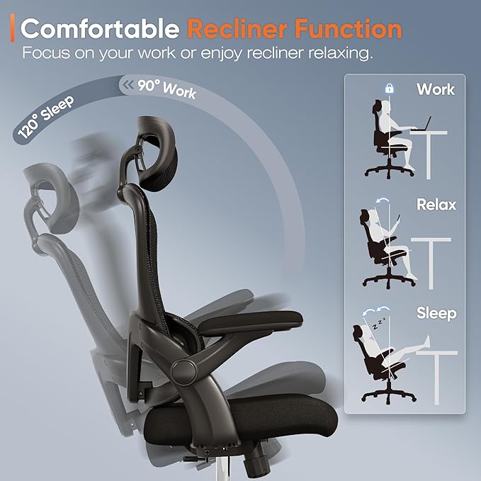 SUNNOW Ergonomic Office Chair, High Back Mesh Desk Chair with Adjustable Lumbar Support, Flip-Up Arms, Headrest, Tilt Function, Rolling Wheel, Comfy Wide Swivel Task Computer Gaming Chairs for Adults