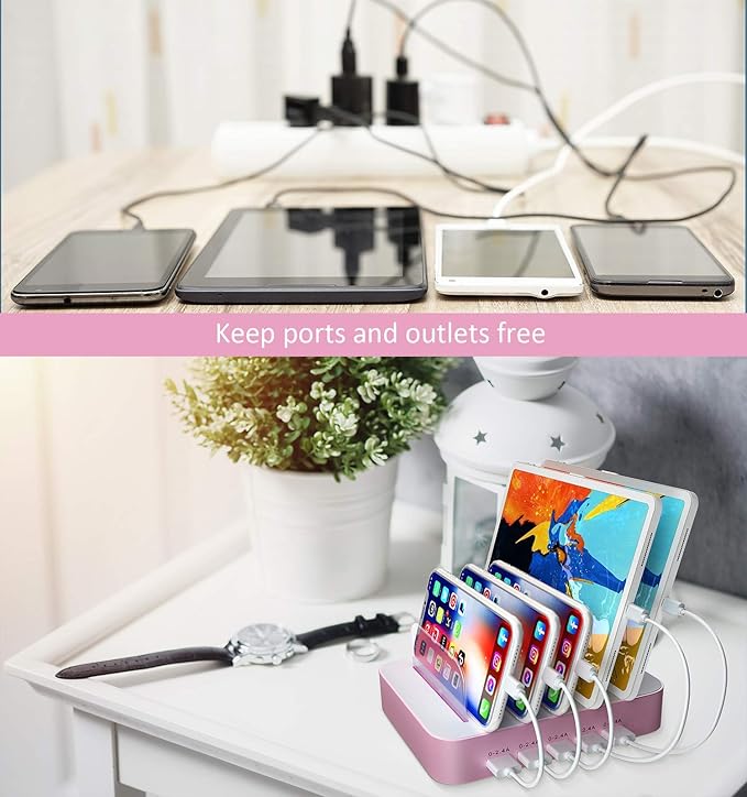 USB Charing Station Dock, 5 Port Charging Station with 7 Short Mixed Cables, for Women, Mother, Girl, Girlfriend, Designed for iPhone iPad Cell Phone Tablets and Other Electronics, Light-pink